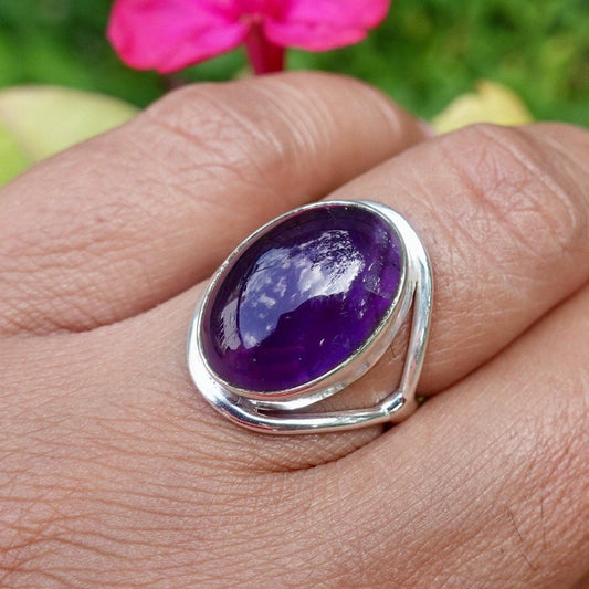 Oval Amethyst Sterling Silver Ring, 15mm x 12mm, R80AS: US 9 3/4 / UK T