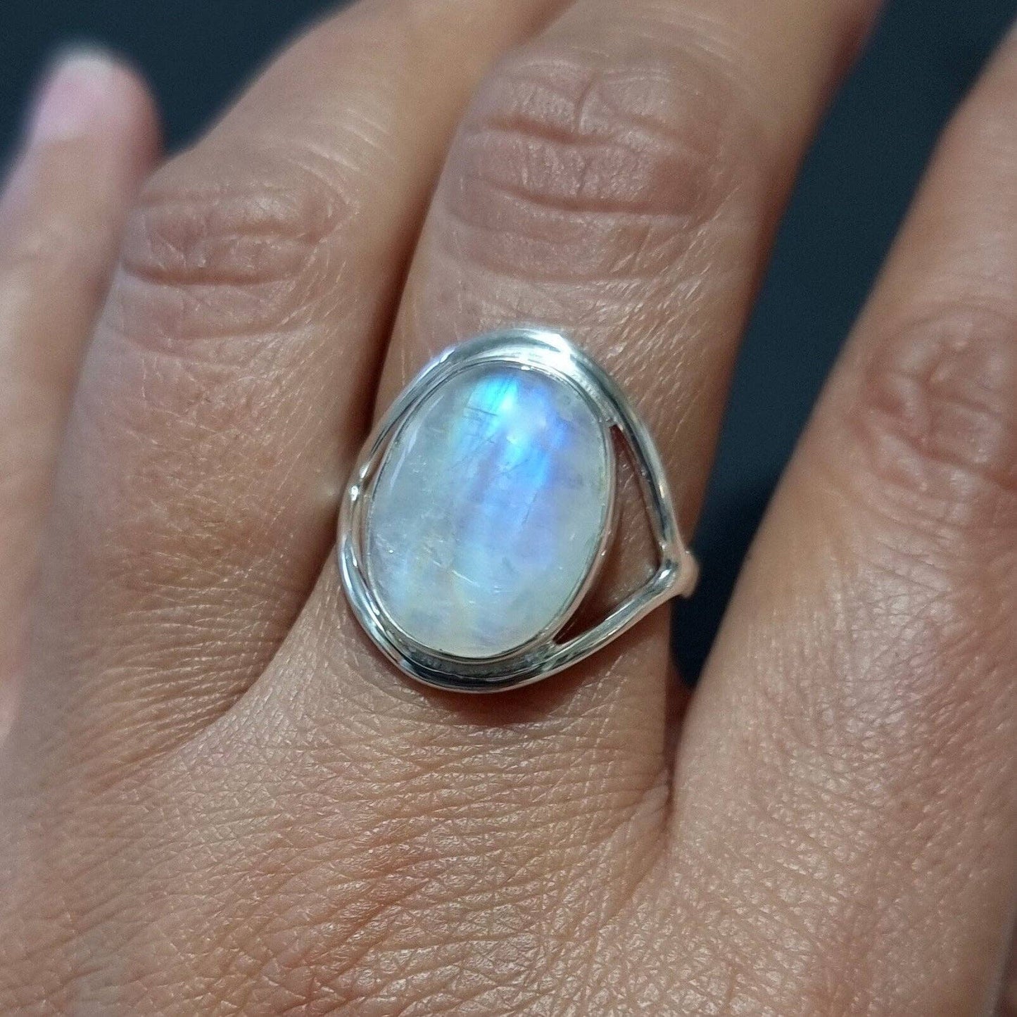 Oval Rainbow Moonstone Silver Ring, 15mm x 12mm, R80MS: US 10 3/4 / UK V