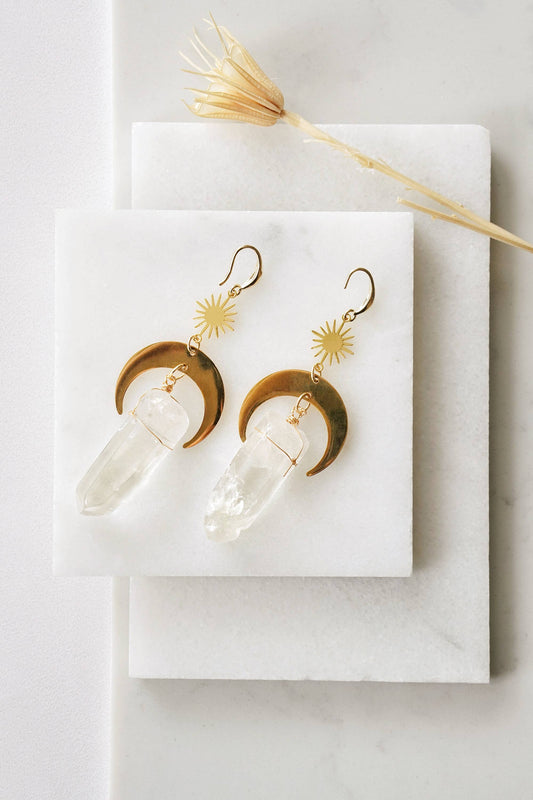 Gold Tone Sun & Moon Raw Cut Clear Quartz Crystal Earrings