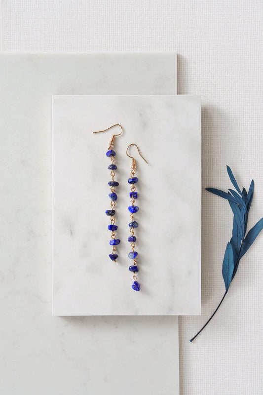 Gold Tone Lapis Lazuli Crystal Chip Dropper Earrings