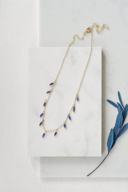 Gold Tone Lapis Lazuli Charm Dropper Necklace