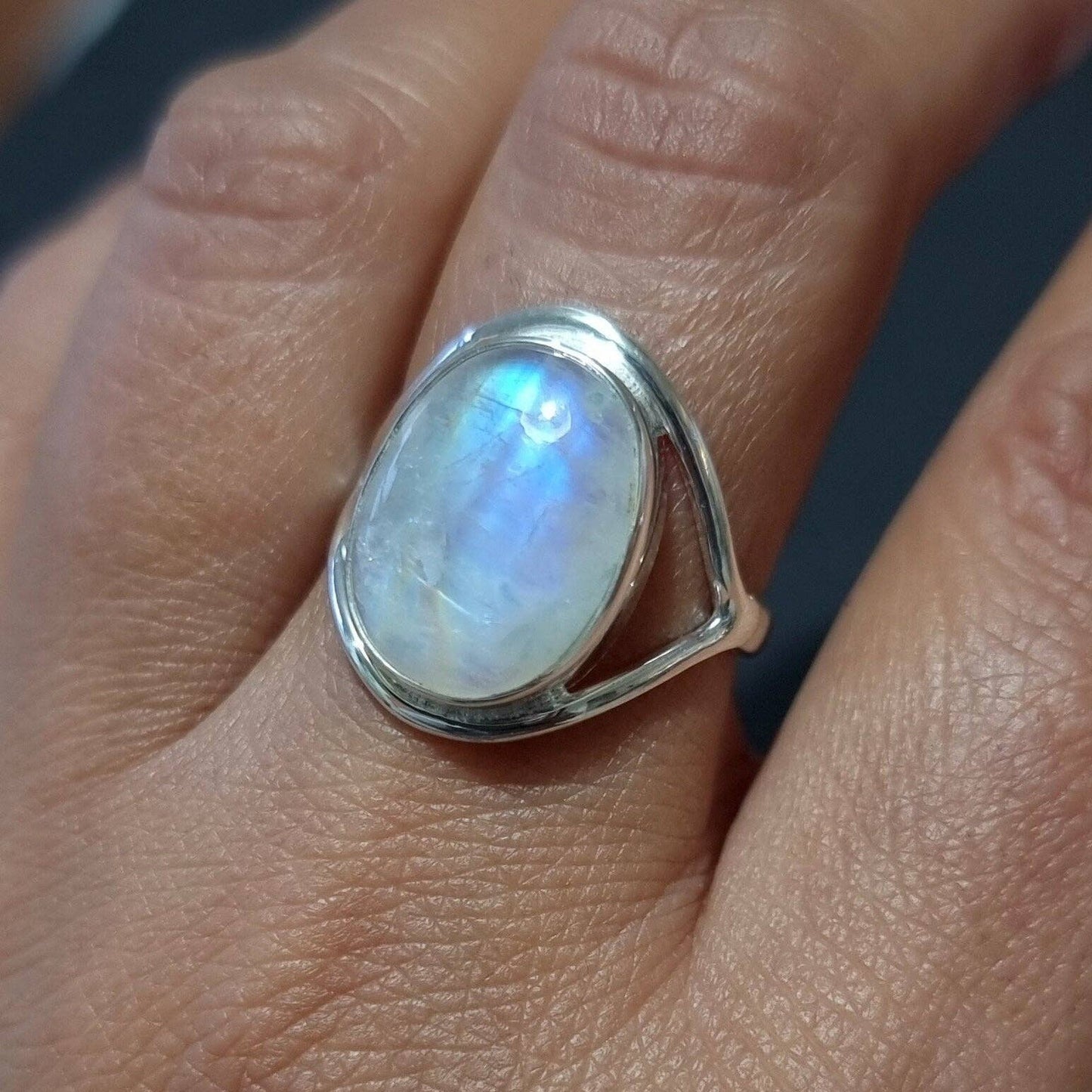 Oval Rainbow Moonstone Silver Ring, 15mm x 12mm, R80MS: US 10 3/4 / UK V