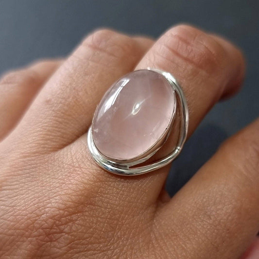 Large Oval Rose Quartz Silver Ring, 20mm x 15mm, R80RQL: US 6 1/4 / UK M