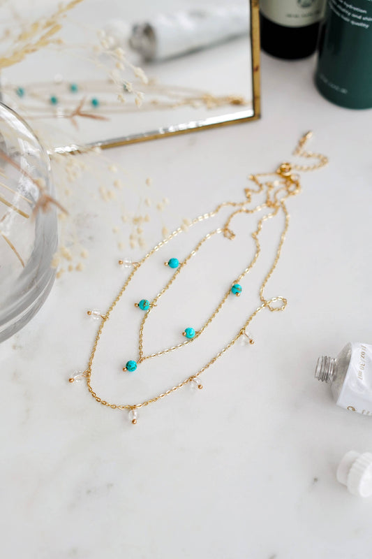 Gold Tone Turquoise & Clear Quartz Layered Necklace