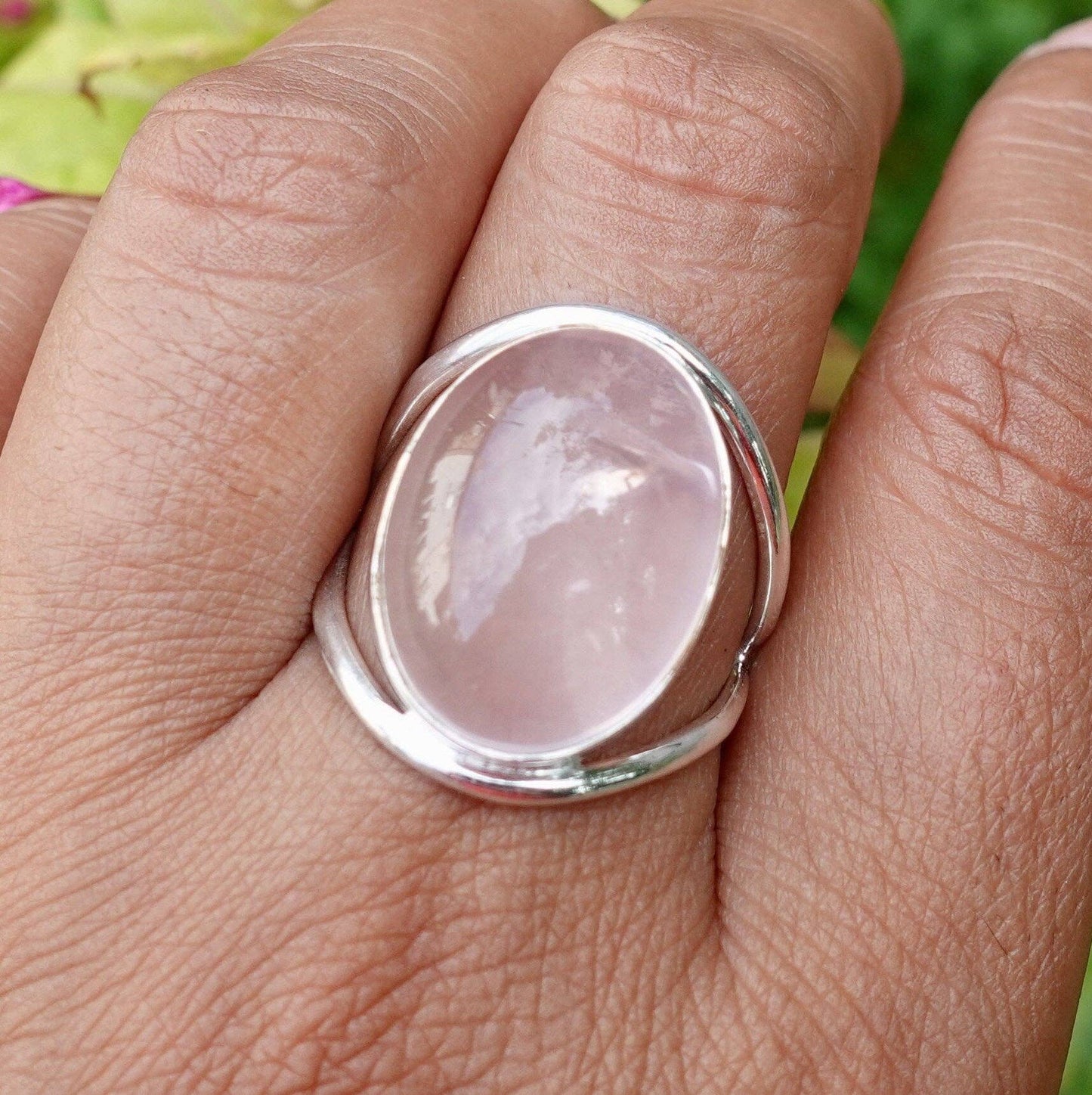 Large Oval Rose Quartz Silver Ring, 20mm x 15mm, R80RQL: US 6 1/4 / UK M